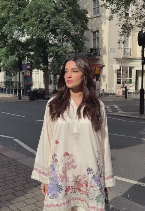 Rania Jofa Ivory Bloom RJPS-05 cream charmeuse silk floral printed shirt and shalwar co-ord set – full outfit motion video London street shoot
