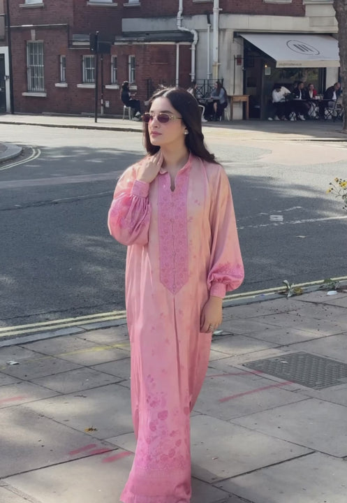 Rania Jofa Peach Sorbet RJPS-03 coral pink charmeuse silk printed long shirt – full outfit motion video London street shoot