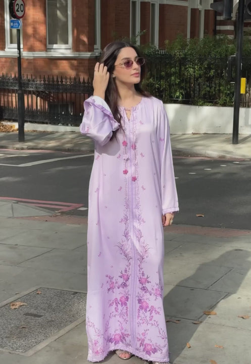 Rania Jofa Lyra RJPS-01 lilac charmeuse silk floral embroidered long shirt & ijaar co-ord set – full outfit motion video