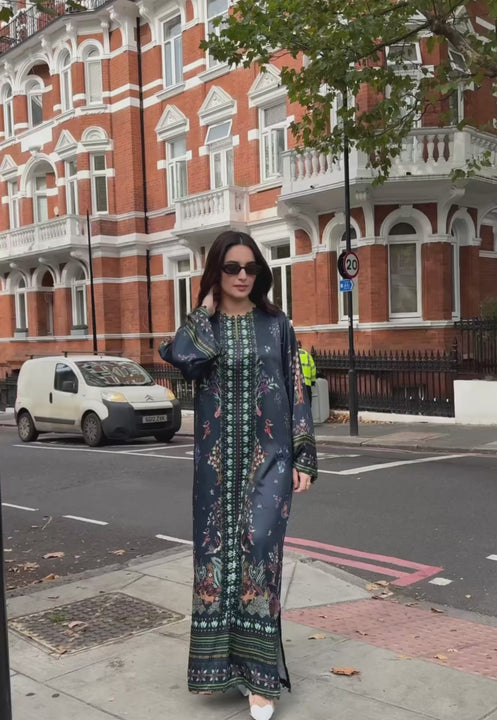 Rania Jofa Reef RJPS-04 navy blue charmeuse silk nature-inspired printed long shirt – full outfit motion video London street shoot