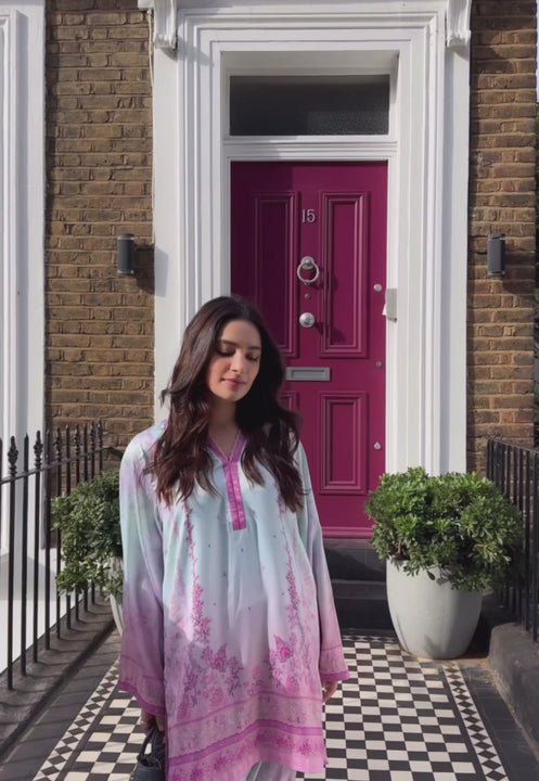 Rania Jofa Candy RJPS-02 blue-to-pink ombre charmeuse silk printed co-ord set – full outfit motion video